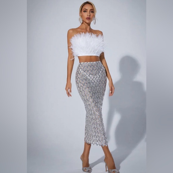 NWT. Private Label Runway WhiteFeather Sequin Bandage Set. - Picture 2 of 4